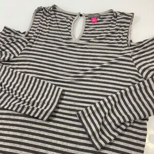 Vince Camuto M(L) READ Gray‎ Black Striped Cold Shoulder Keyhole Long Sleeve Top